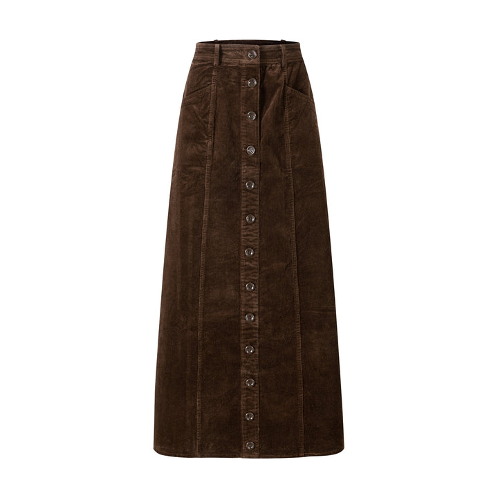 Corduroy Button Down A-Line Skirt - Brown