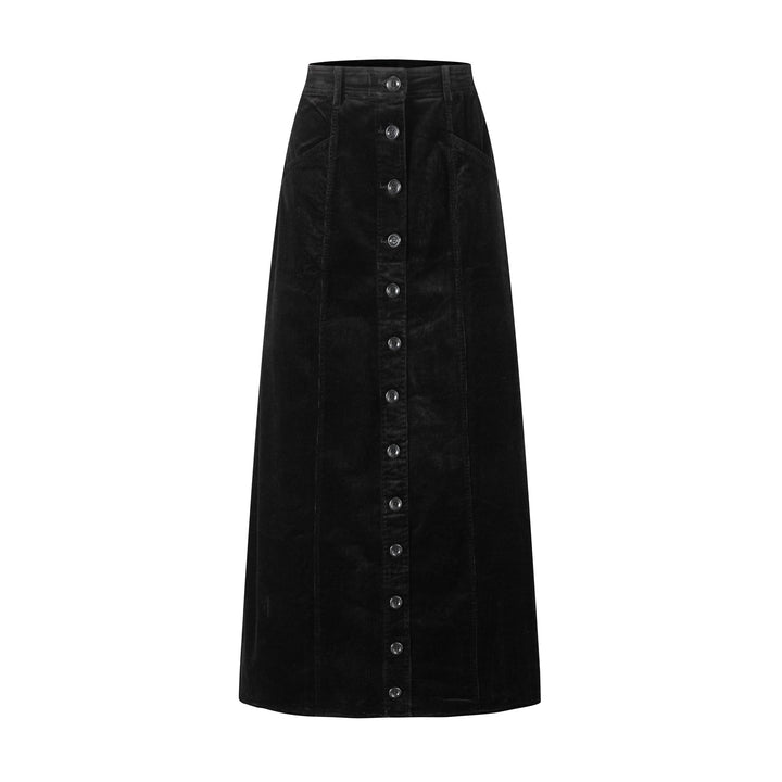 Corduroy Button Down A-Line Skirt - Black