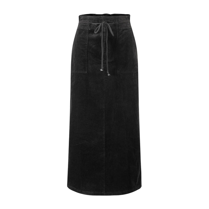 Corduroy Drawstring Column Skirt - Black
