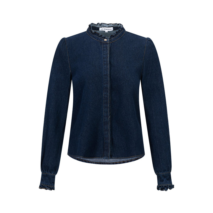 Mandarin Collar W/ Ruffle Denim Shirt
