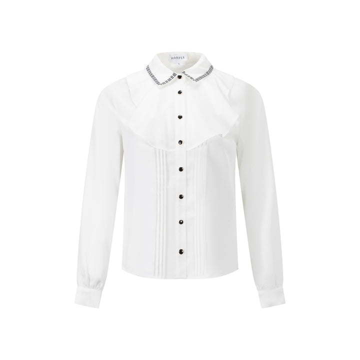 White Blouse W/ Contrast Stitch Collar Trim - W/ Ruffle