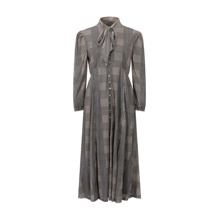 Brown Plaid Dress With Neck Tie