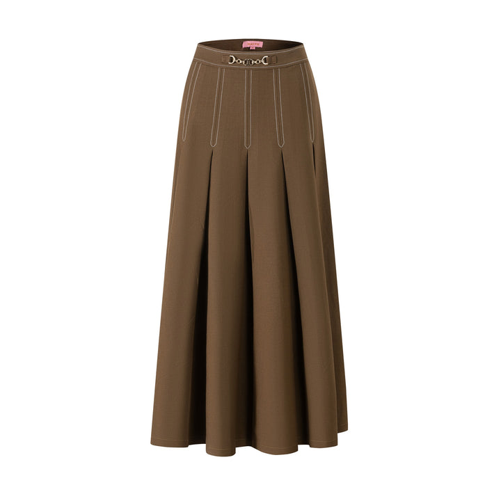 Brown Pleated Skirt With Gold Accents